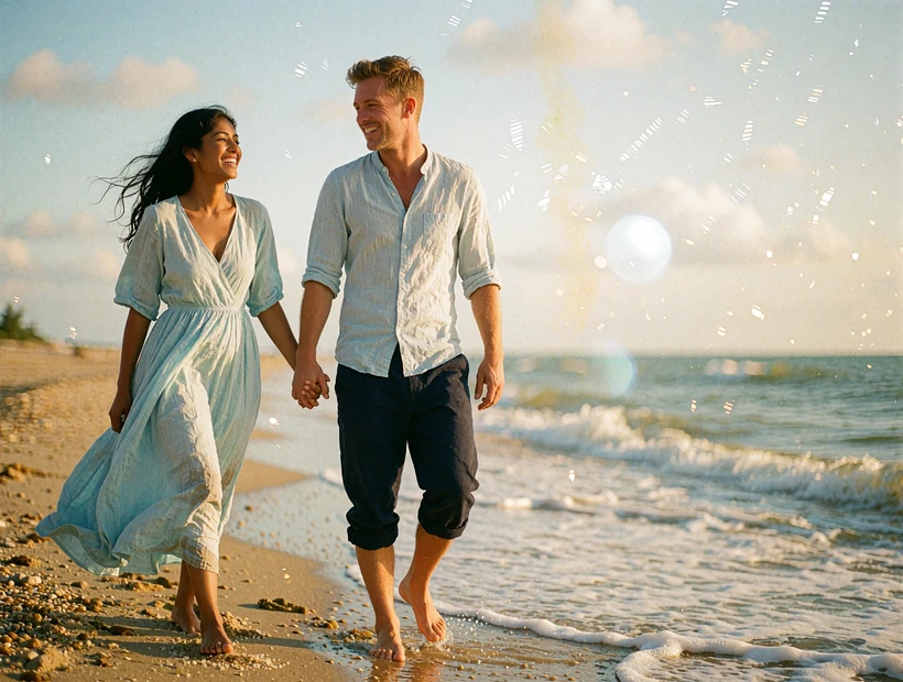 South Asian woman in a pale blue dress walking barefoot on wet sand hand in hand with a Western man