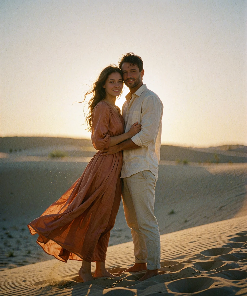 Turkmen woman in a terracotta dress and a Western man standing together on a dune ridge at sunset