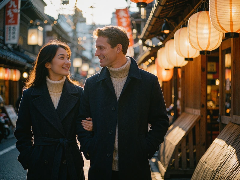 Japanese woman in a dark elegant coat walking arm in arm with a Western man along a lantern-lit evening street