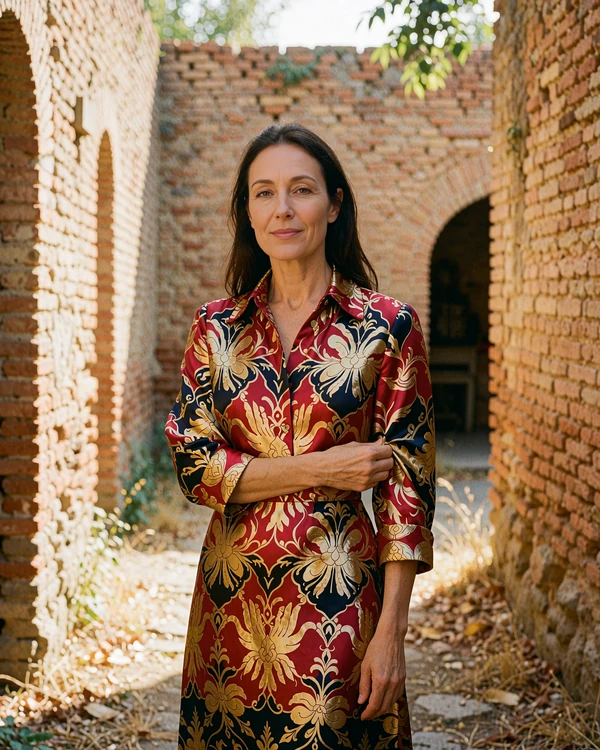 Uzbek woman in a crimson and gold ikat silk dress standing in a sunlit brick lane near ancient walls