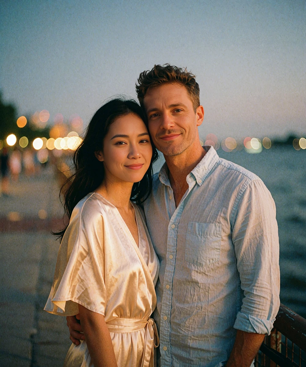 Thai woman in a champagne silk dress standing beside a Western man at a riverside promenade at dusk