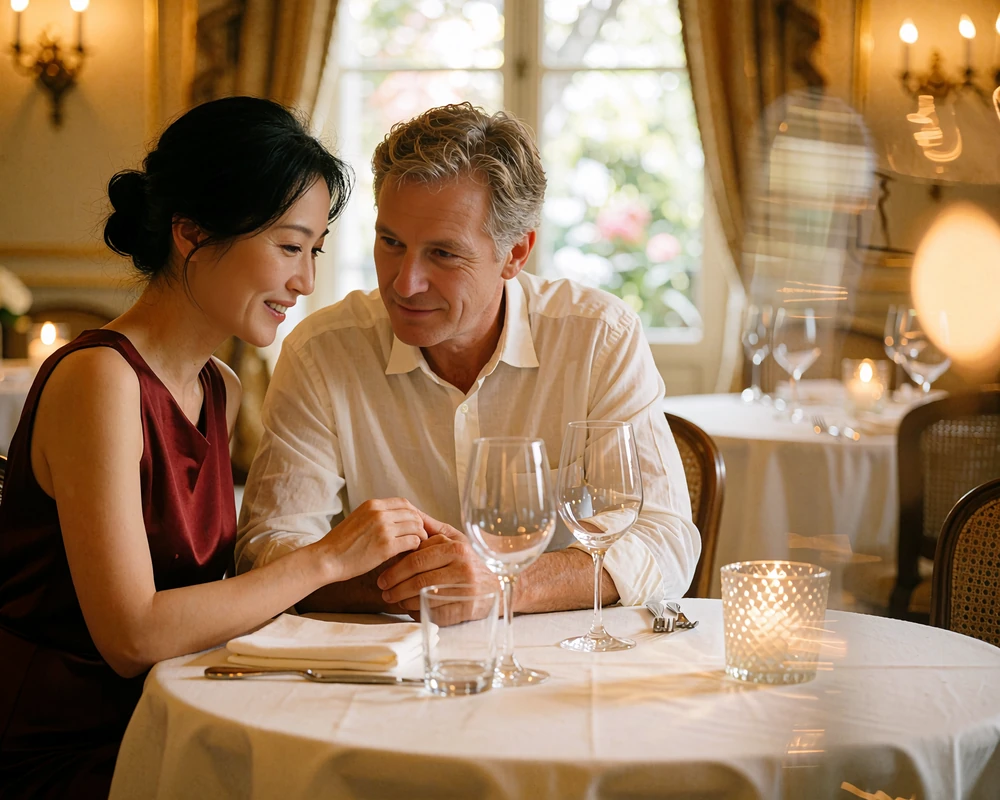 Chinese woman smiling across a restaurant table at her Western partner during a candlelit dinner