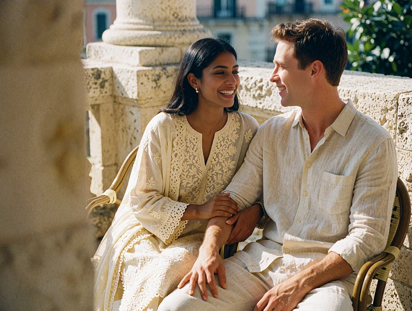South Asian woman in a cream embroidered outfit laughing with a Western man at a sunlit stone terrace café