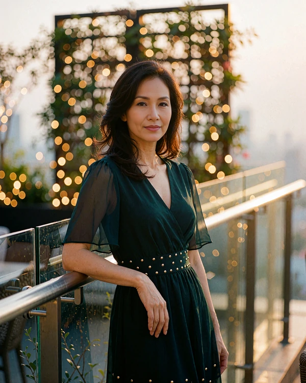 Poised Malaysian woman in an emerald cocktail dress standing at the glass rail of a rooftop lounge at dusk
