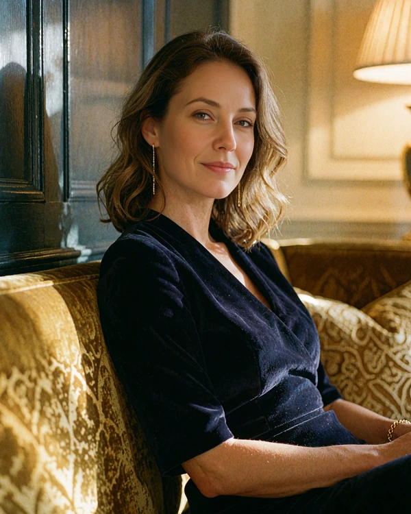 Uzbek woman in a tailored navy dress seated on a velvet banquette in an upscale hotel lounge