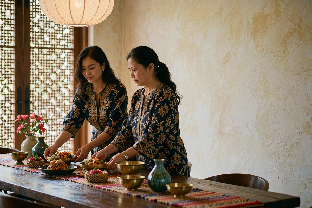 Two Malaysian women arranging festive dishes and brass bowls on a long dark wood dining table in a home with latticed timber screens