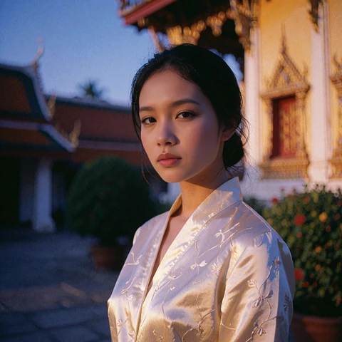 Poised Thai woman in a pale silk blouse standing in a sunlit temple courtyard