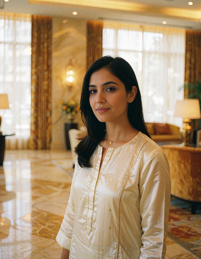 Pakistani woman in an ivory silk kurta with gold piping in a warmly lit Karachi hotel lobby