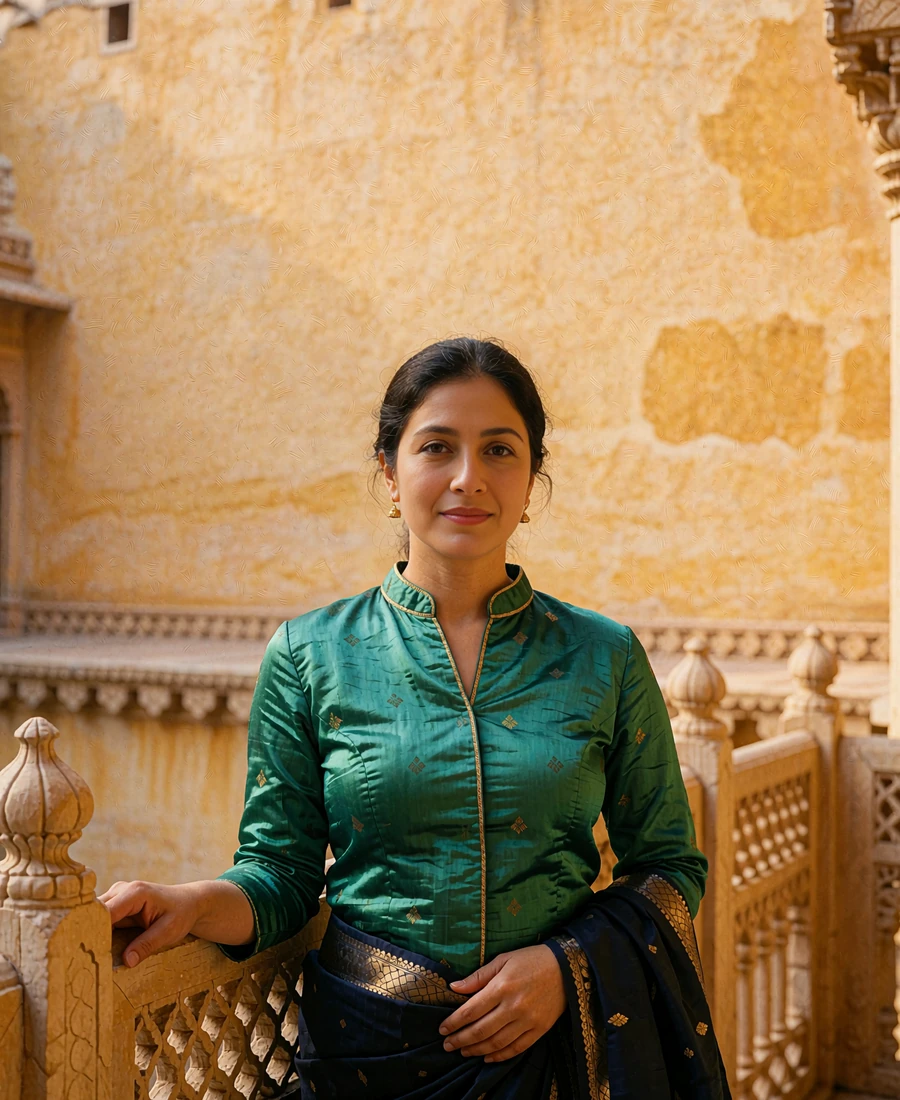 Thai woman in an emerald silk blouse with gold trim standing beside a carved wooden balustrade in a temple courtyard