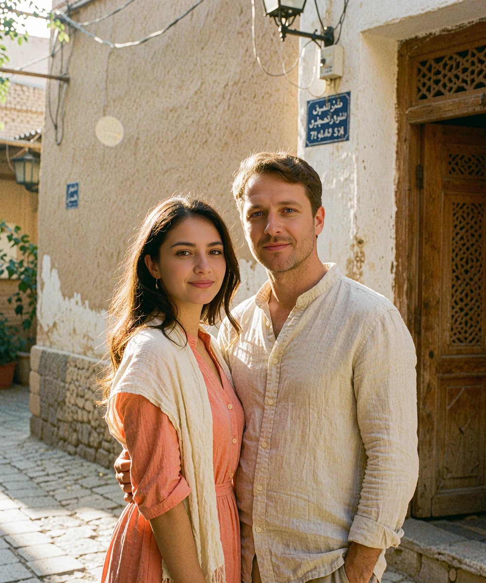 Tajik woman in a soft coral dress standing close with a Western man in a sunlit old-town lane