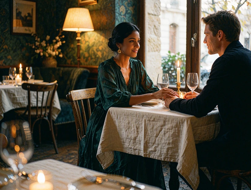 South Asian woman in a deep jade dress seated across a candlelit table from a Western man