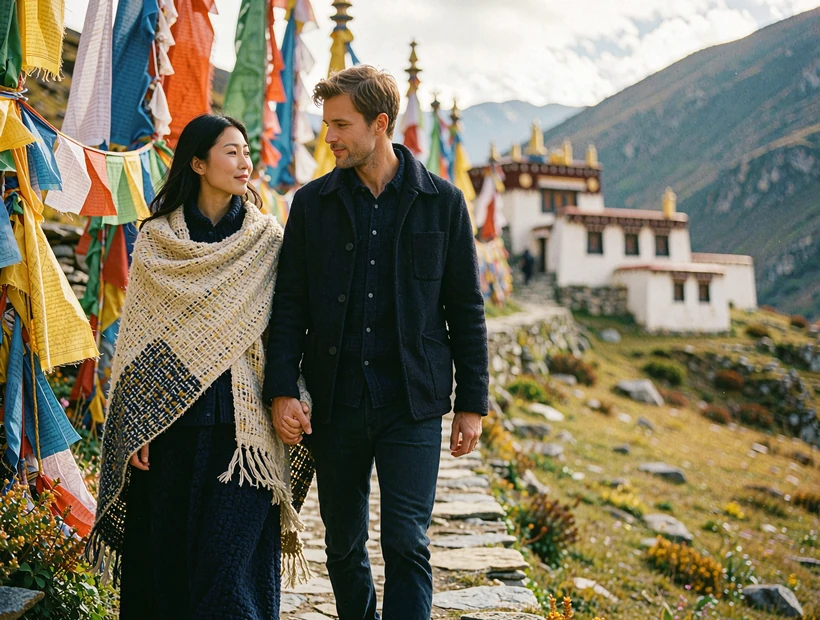 Couple walking hand in hand along a stone path lined with prayer-flag poles toward a whitewashed hillside building