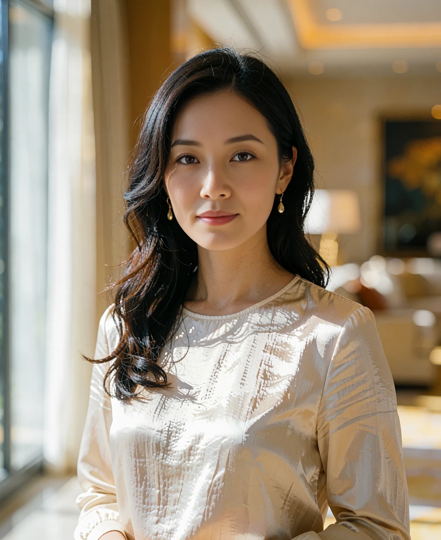 Elegant Chinese woman in an ivory silk blouse smiling warmly in a sunlit hotel lobby