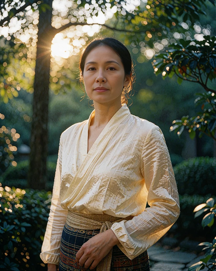 Laotian woman in a cream blouse and woven skirt standing in a quiet temple garden