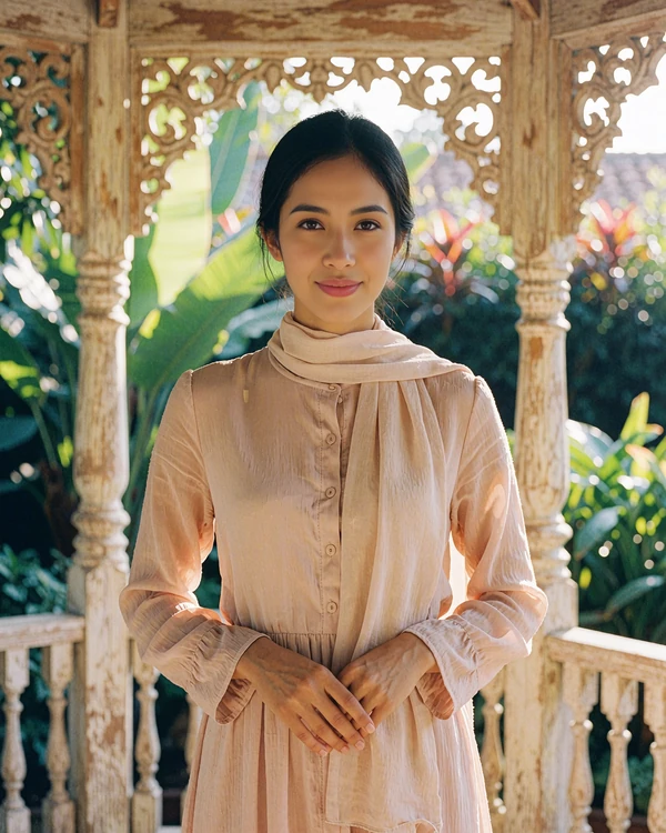 Bruneian woman in a blush modest dress and lightly draped scarf standing beneath a garden pavilion