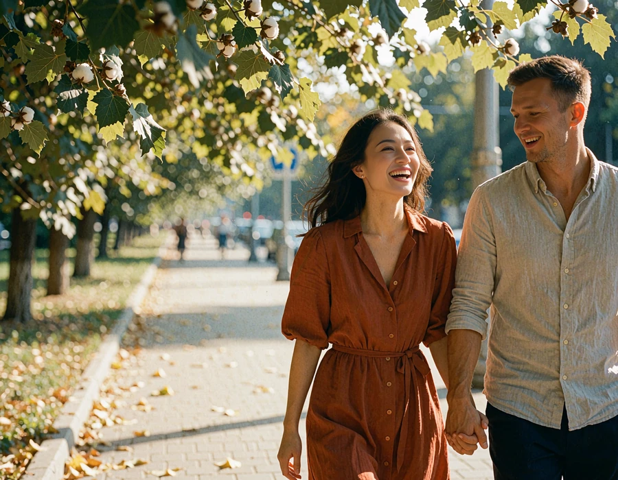 Couple strolling down a shaded boulevard, a Kyrgyz woman in a rust-coloured dress laughing beside a Western man holding her hand