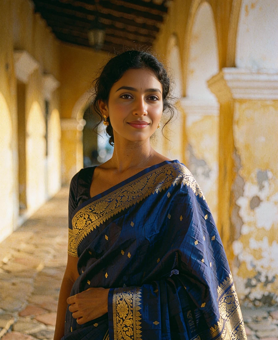 Sri Lankan woman in a sapphire blue silk saree with gold-threaded pallu standing in a colonial arcade in Galle