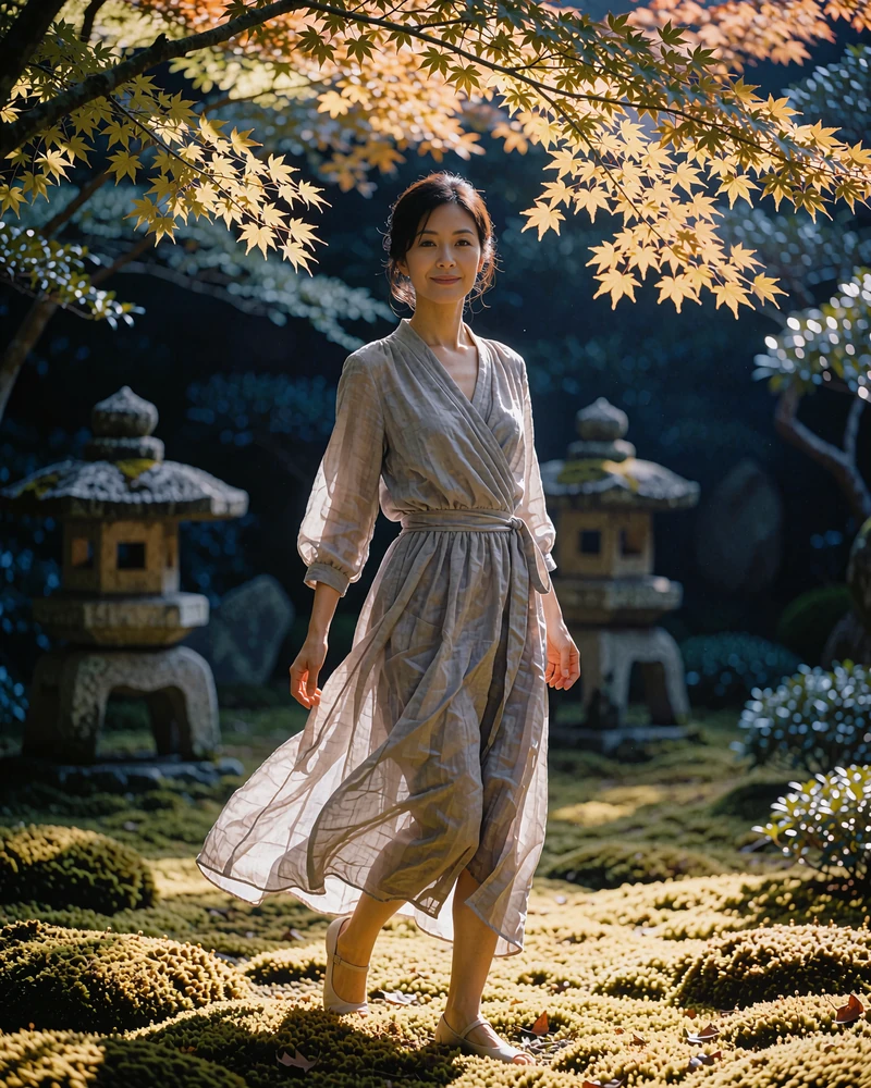 Elegant Japanese woman in a soft grey wrap dress walking through a manicured moss garden in Kyoto