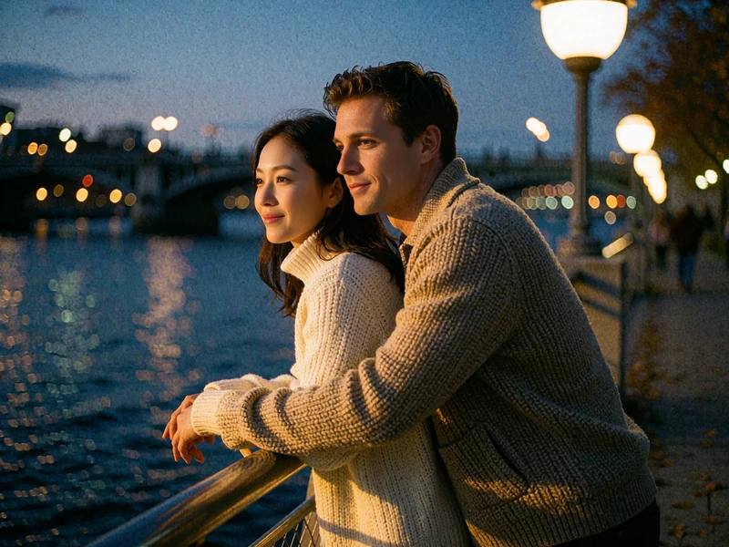 Korean woman leaning against a Western man at a riverside railing at dusk, both smiling out over the water