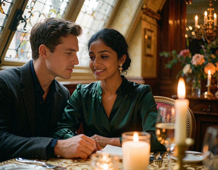 Indian woman in a deep green silk blouse and a Western man in a charcoal jacket seated at a candlelit dinner table