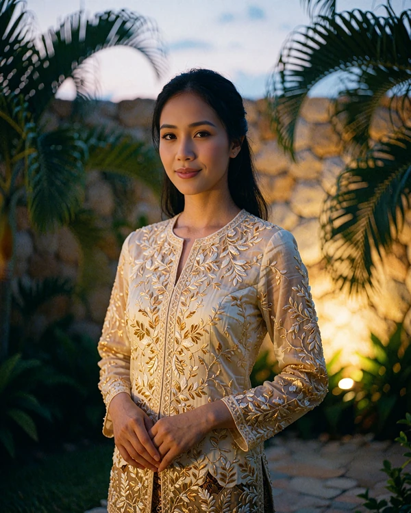 Malaysian woman in a gold-embroidered tunic standing softly in a tropical hotel garden at dusk