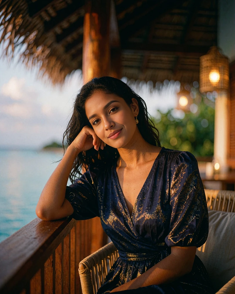 Maldivian woman in a navy wrap dress seated at the railing of an open-air terrace at dusk