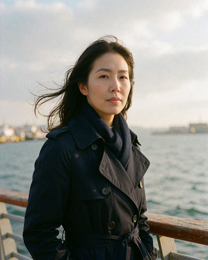 Korean woman in a navy trench coat standing on a breezy Incheon waterfront walkway