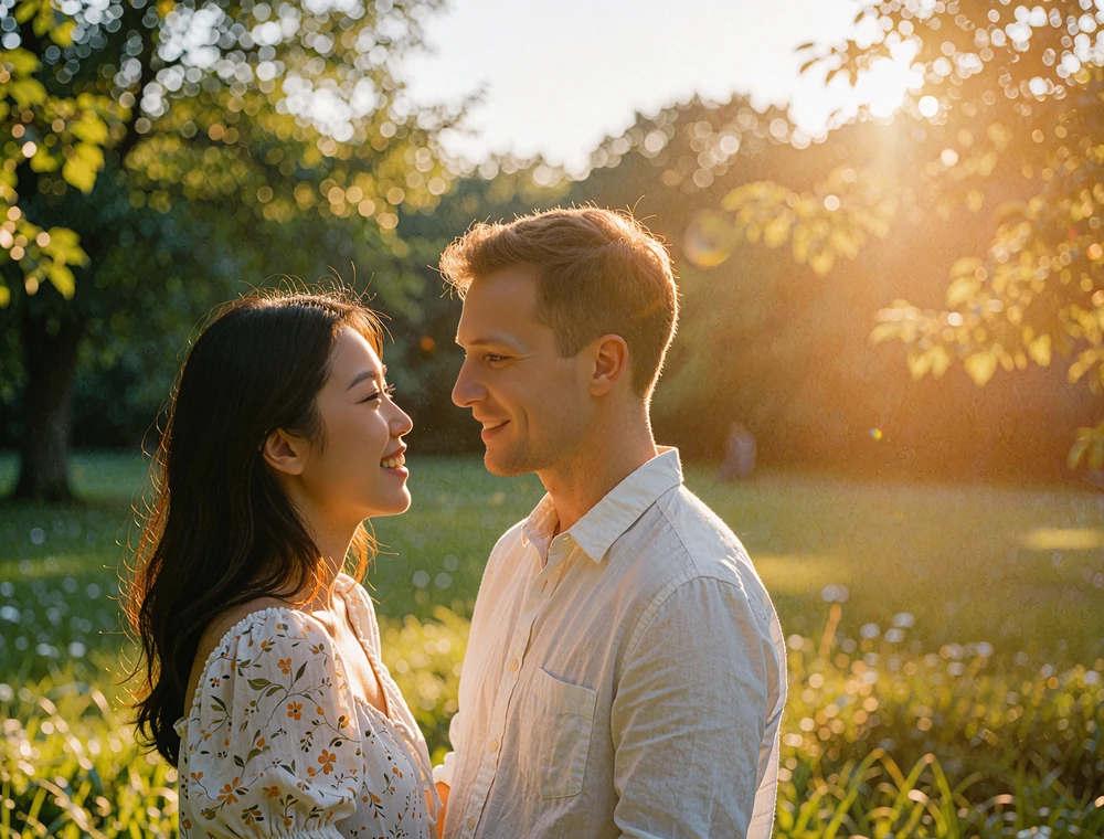 Couple laughing together in a green park at golden hour, faces close in quiet conversation