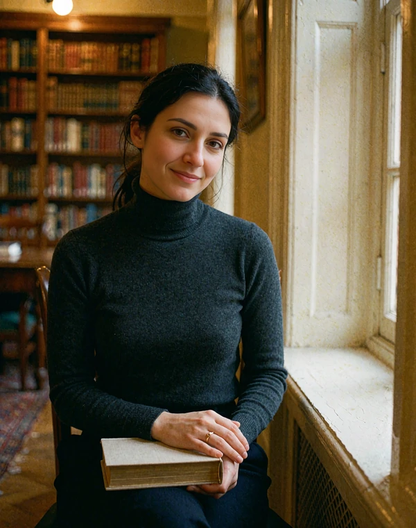 Armenian woman in a charcoal turtleneck sitting in a reading room beside a tall arched window