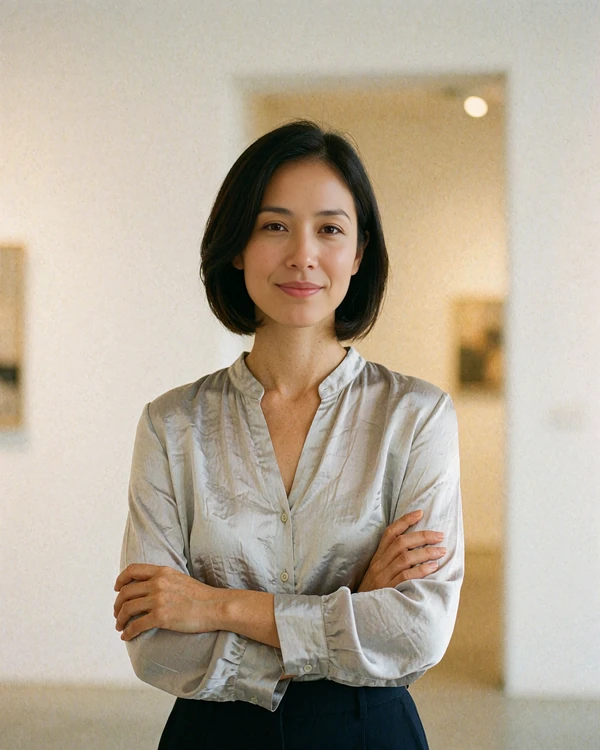 Singaporean woman with a sleek dark bob smiling gently in a bright minimal gallery space