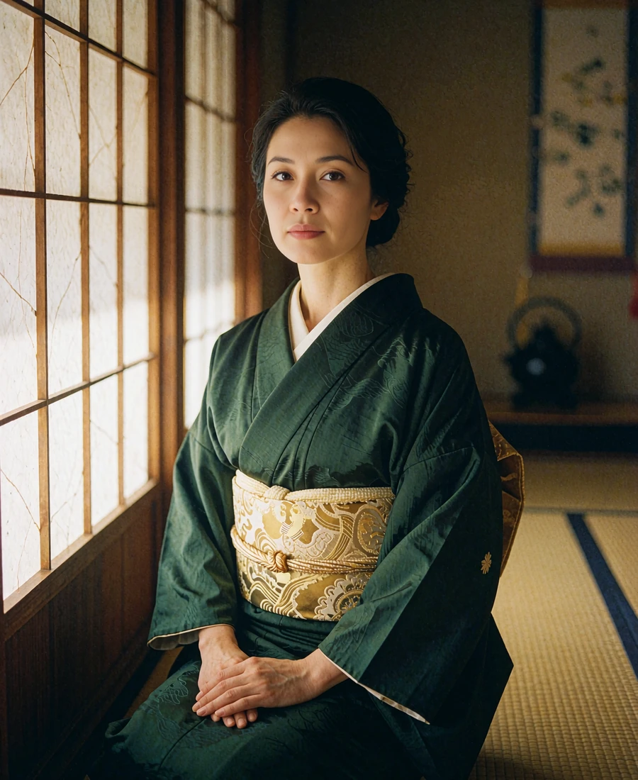 Poised Japanese woman in a deep green silk kimono seated beside a paper-screen window in a traditional tea room