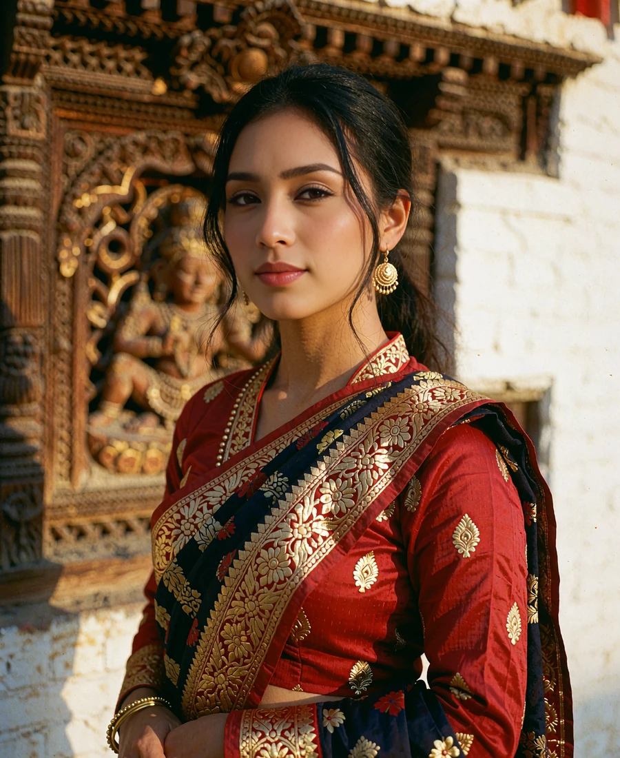 Nepali woman in a deep red embroidered blouse and gold-bordered shawl standing before a carved wooden temple window