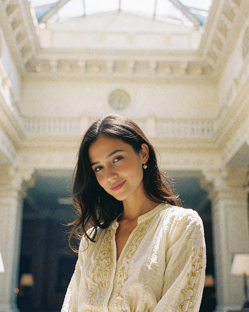 Tajik woman in an ivory blouse with gold-thread detail smiling in a bright hotel atrium