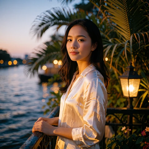 Vietnamese woman in a pale silk blouse standing at a riverside railing at golden hour
