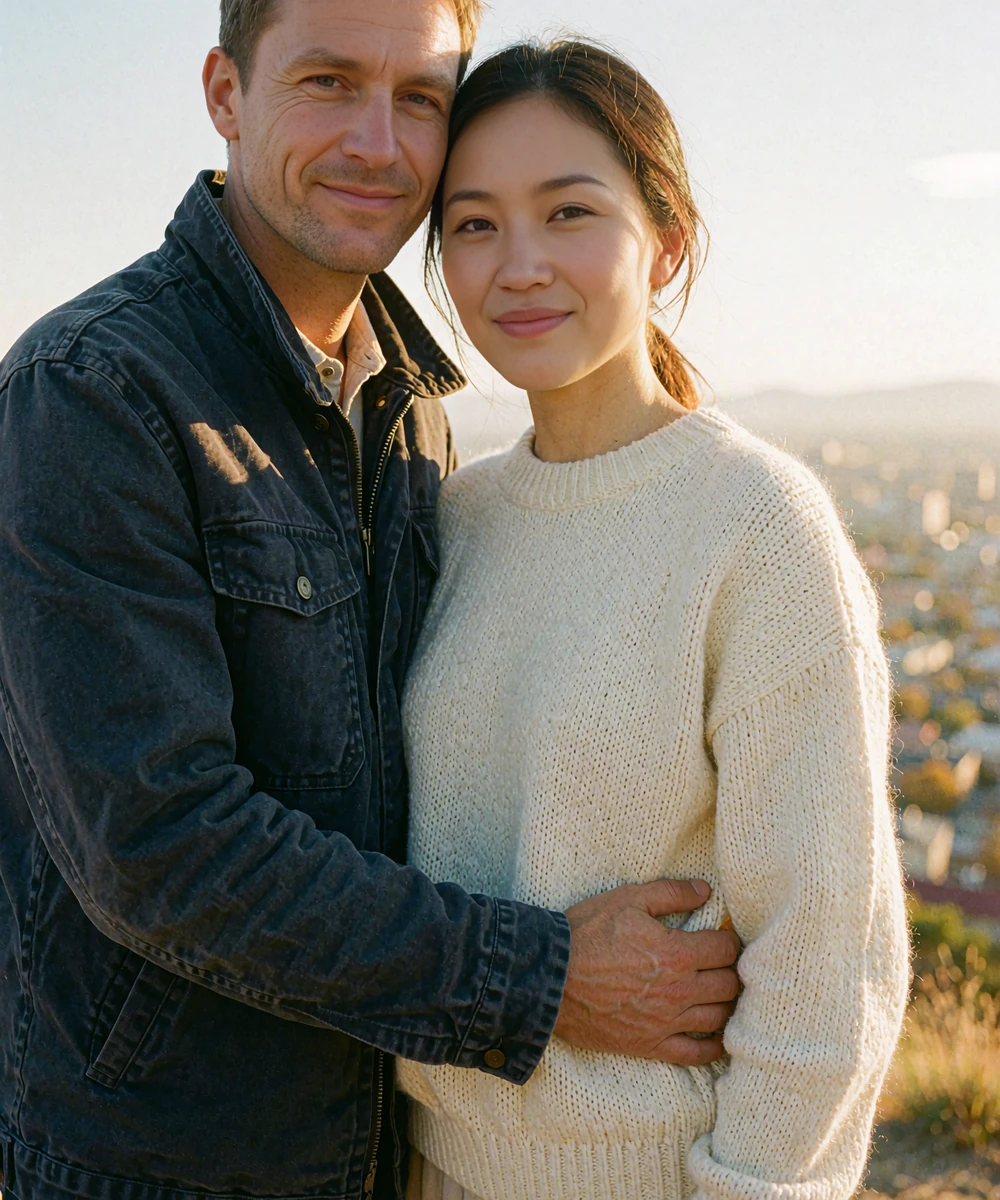Mongolian woman in an ivory sweater standing with a Western man on a hilltop overlook above a city