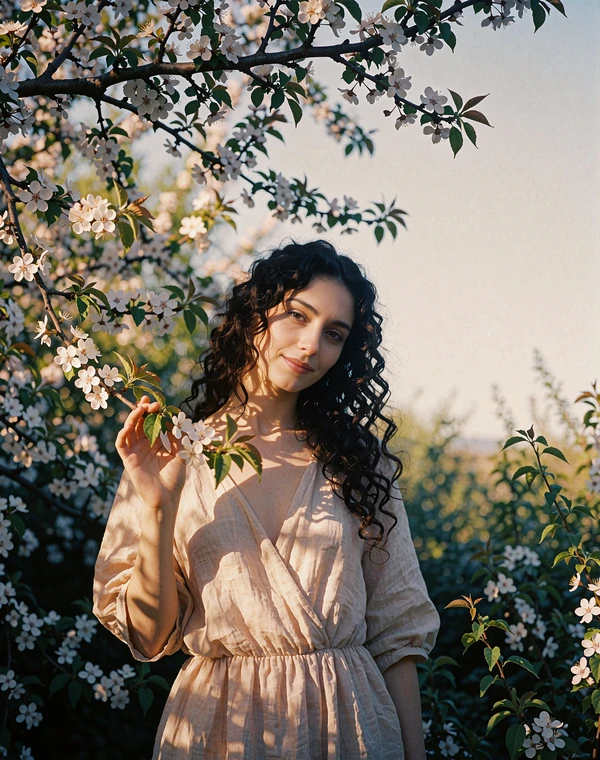 Armenian woman with long dark curls standing among blossoming apricot branches in a walled garden