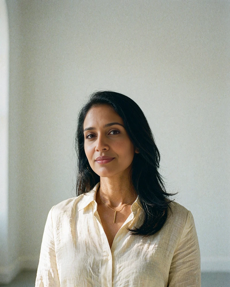 Indian woman in an ivory linen shirt with a slim gold pendant in a bright gallery space