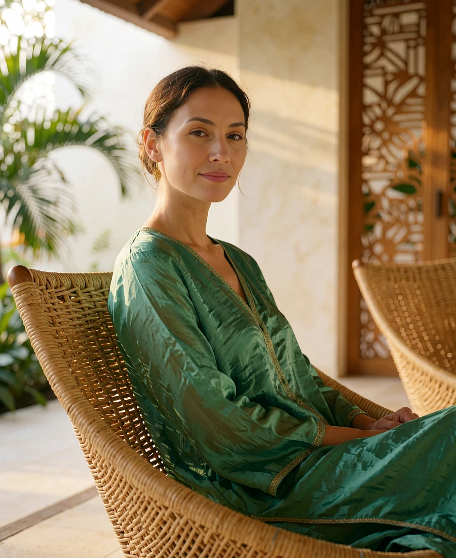 Maldivian woman in an emerald green silk tunic seated in a rattan lounge chair at an island resort lobby