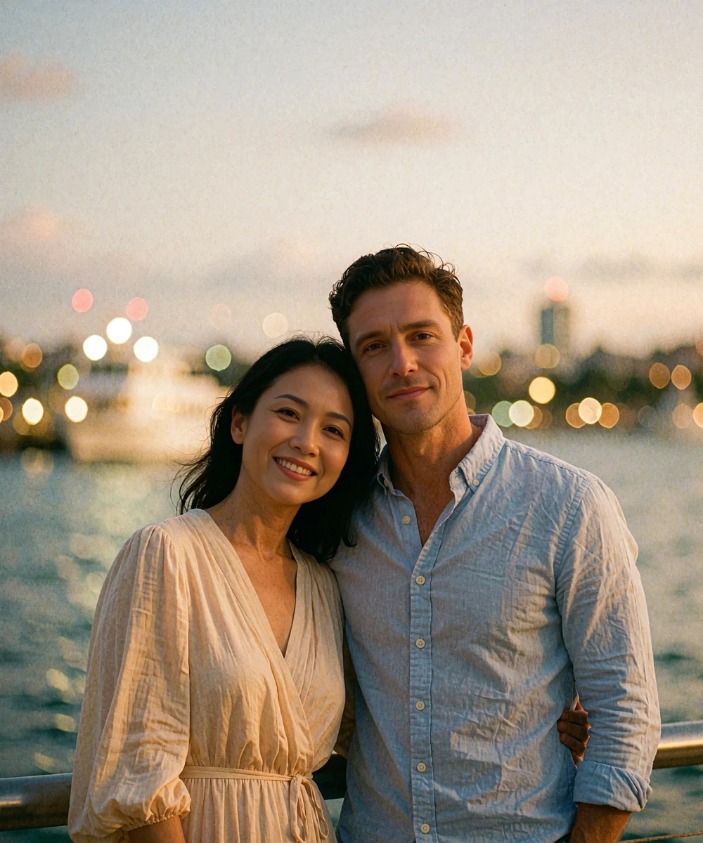 Smiling Malaysian woman in a beige dress leaning against a Western man on an evening waterfront promenade with a glowing harbour skyline behind them