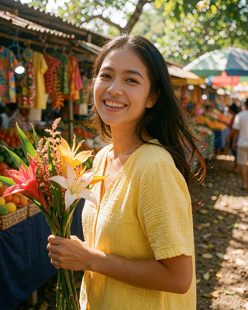 Filipina woman in a yellow cotton top holding tropical flowers at an open-air Davao market