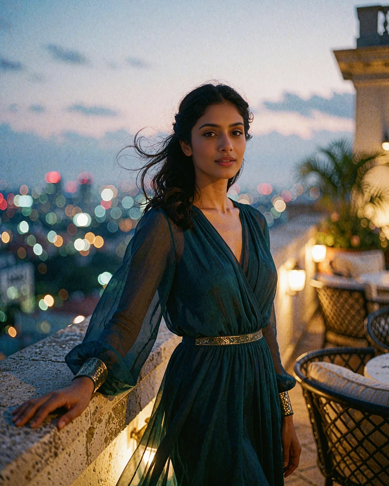 Indian woman in a deep teal dress with a gold cuff on a rooftop lounge at dusk in Mumbai