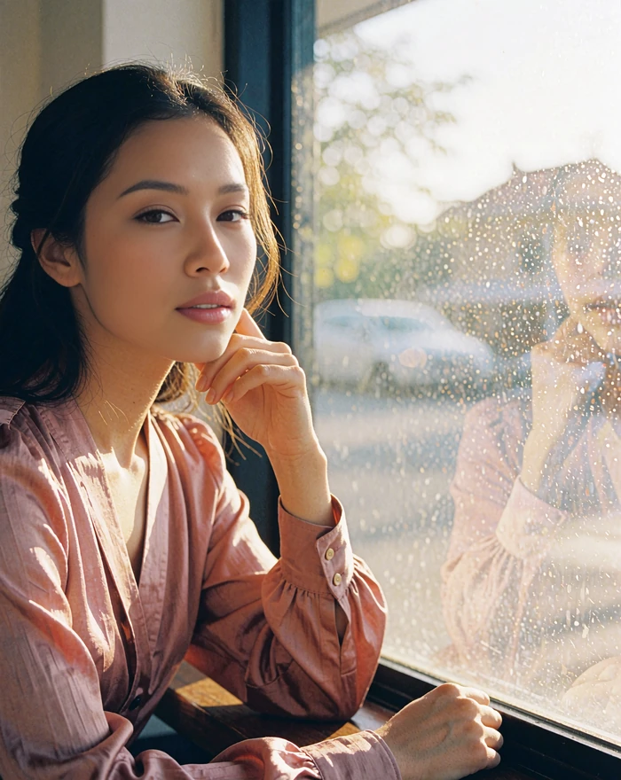 Cambodian woman in a dusty-rose blouse seated by a bright cafe window