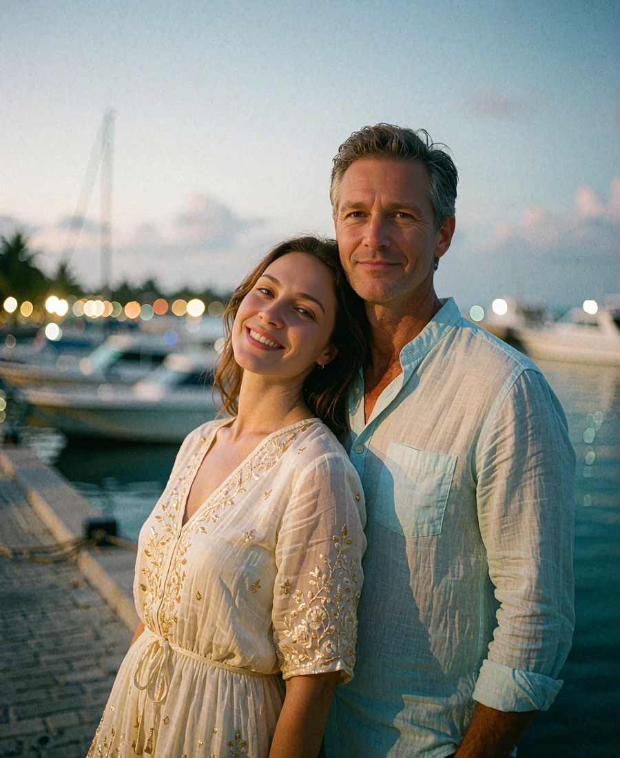 Maldivian woman in an ivory dress with gold detail leaning against a Western man at a quiet harbour walkway in the evening