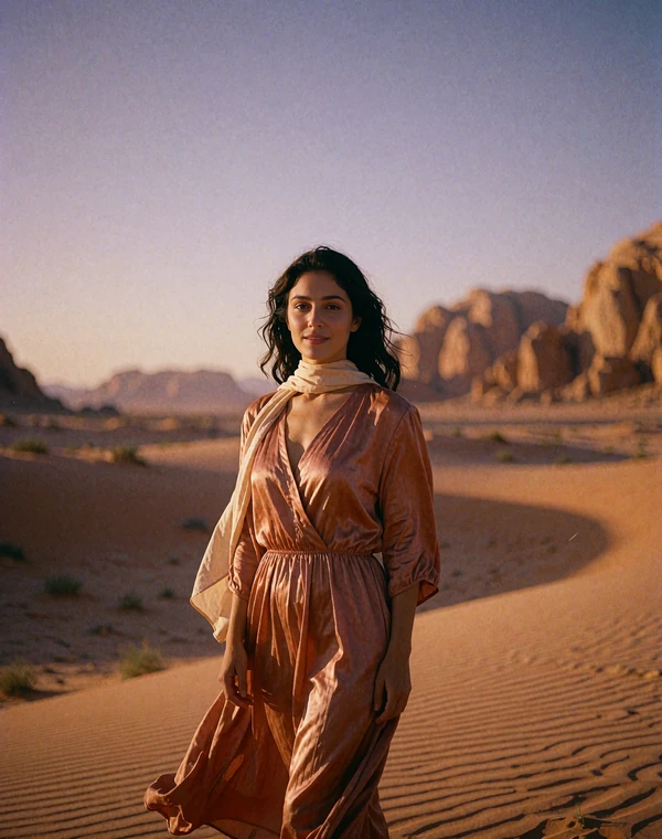 Graceful Jordanian woman in a terracotta dress standing on desert sand at dusk near rose-gold rock formations