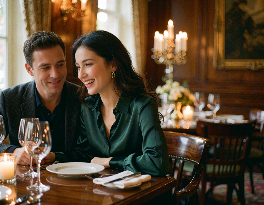 Kazakh woman in a dark green silk blouse laughing with a Western man over dinner at a warmly lit restaurant