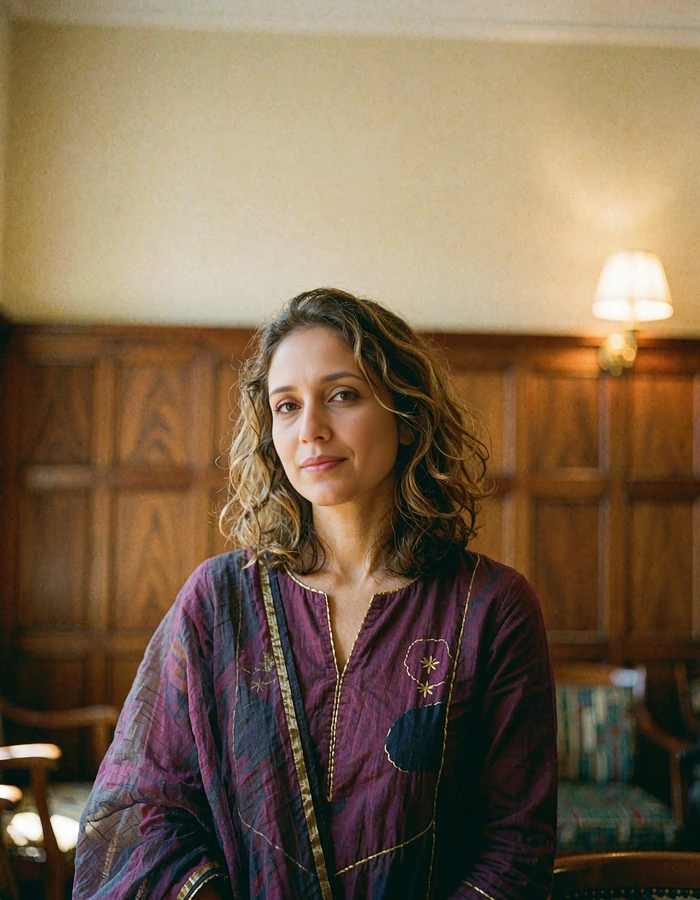 Bangladeshi woman in a plum kurta with gold piping in a warmly lit wood-panelled reading room