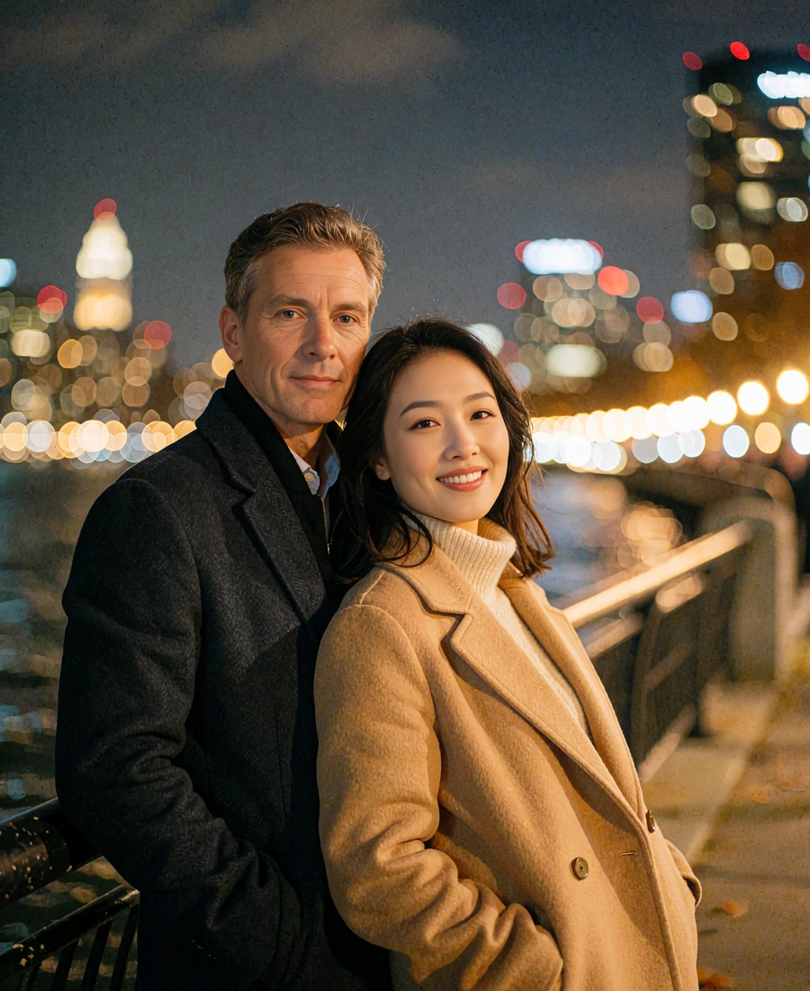 Chinese woman in a camel coat leaning against her Western partner on a riverfront promenade at night