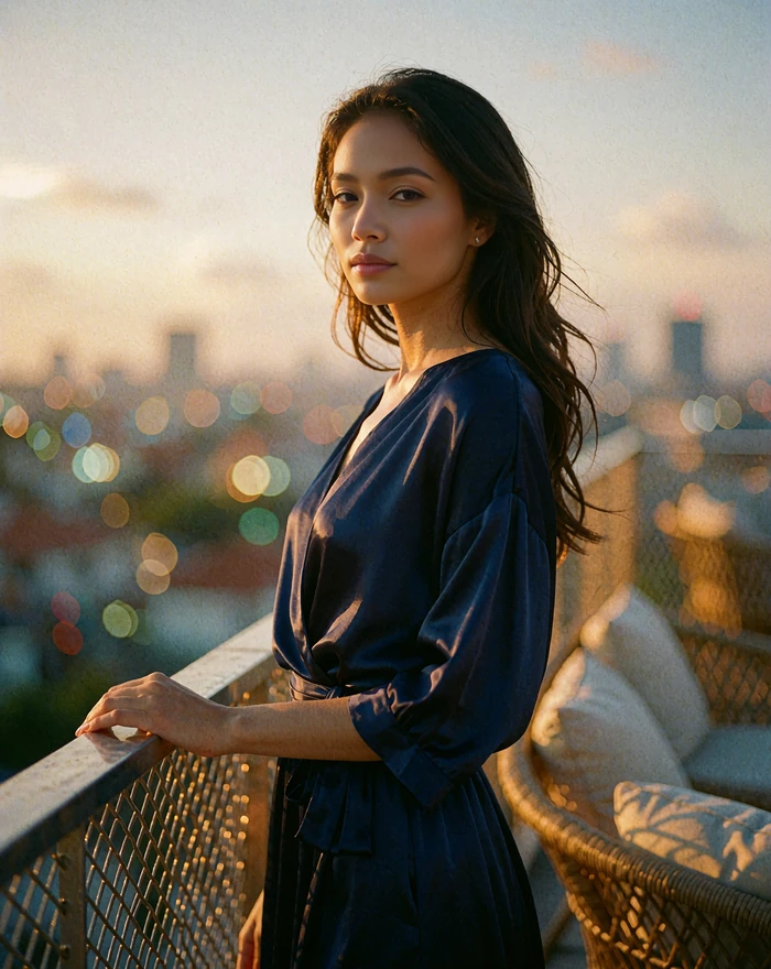 Cambodian woman in a midnight-blue silk dress on a rooftop lounge at dusk