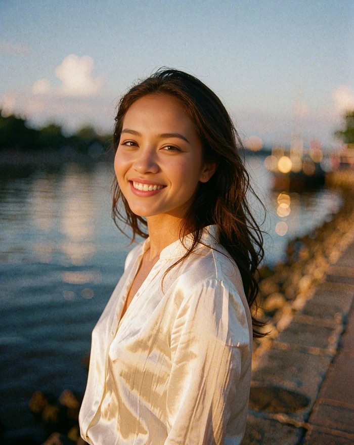 Cambodian woman in a soft white blouse smiling on a river promenade at golden hour