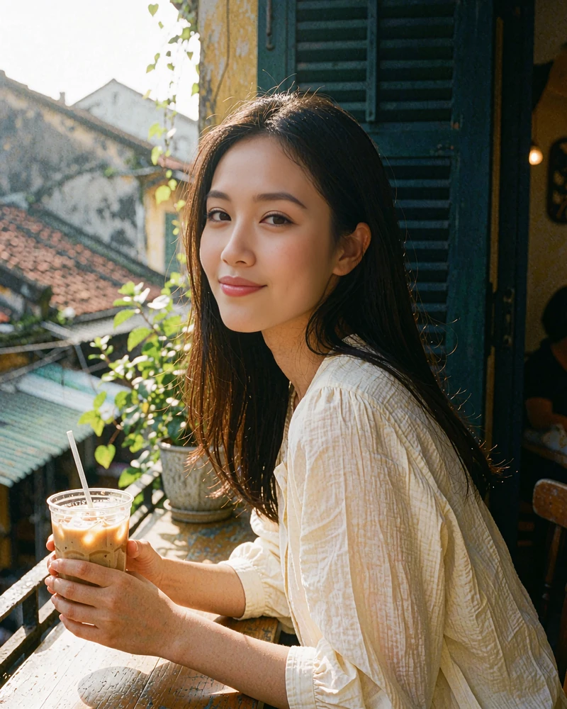 Vietnamese woman with long dark hair in a cream blouse seated on a café balcony overlooking old-town Hanoi rooftops